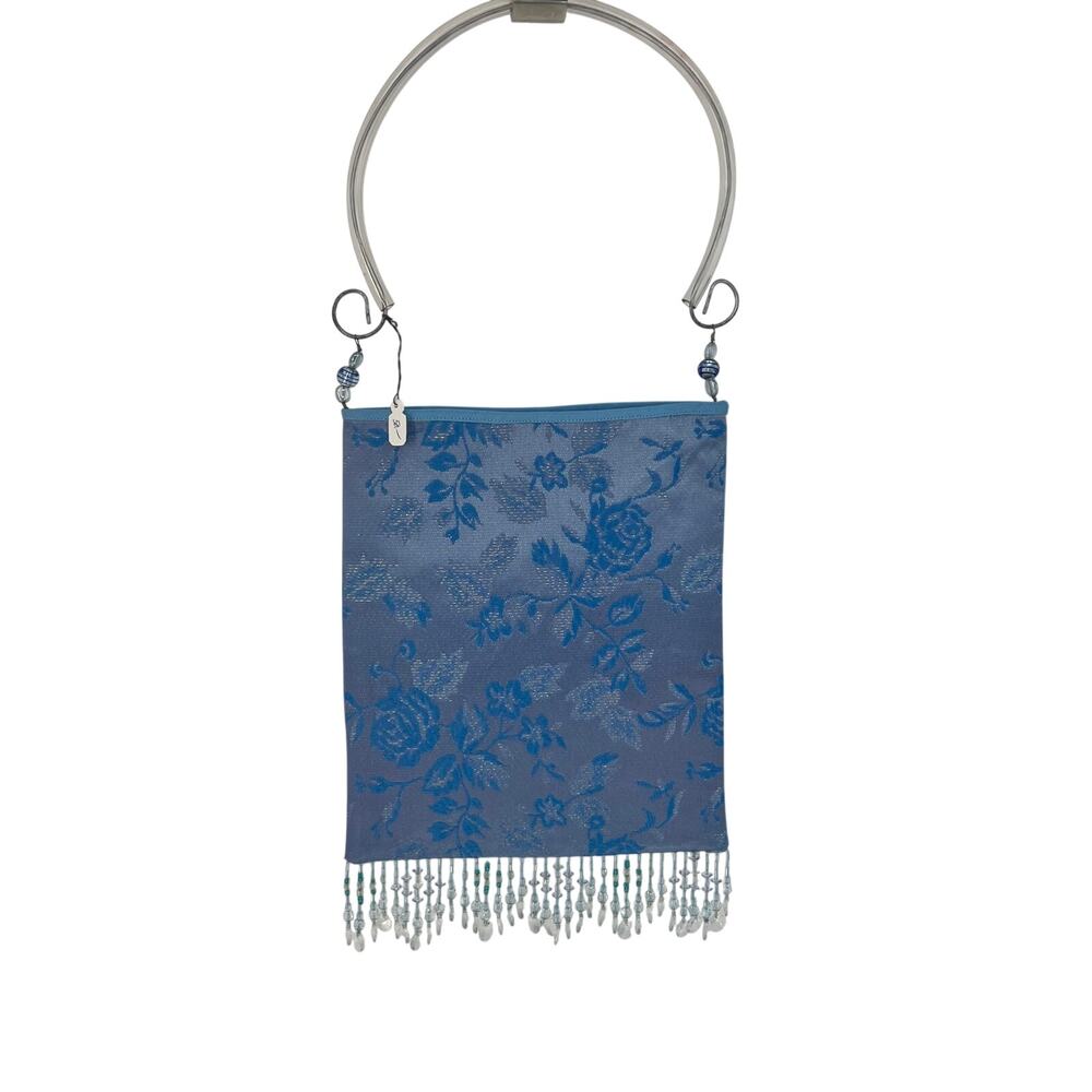Bridgerton Blue Silk Brocade Bag with Beaded Fringe